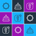 Set line Crown of thorns, Online church pastor preaching and Ark noah icon. Vector Royalty Free Stock Photo