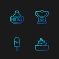 Set line Cruise ship, Ice cream, Signboard with text Hotel and Bodybuilder muscle. Gradient color icons. Vector