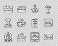 Set line Cruise ship, Sunbed and umbrella, Anchor, Shark fin in ocean wave, and Lifeboat icon. Vector