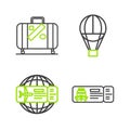 Set line Cruise ticket for traveling by ship, Airline, Hot air balloon and Suitcase and stickers icon. Vector Royalty Free Stock Photo