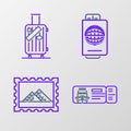 Set line Cruise ticket for traveling by ship, Postal stamp and Egypt pyramids, Passport with and Suitcase stickers icon Royalty Free Stock Photo