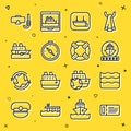 Set line Cruise ticket, Wave, ship, Lifeboat, Compass, Diving mask and snorkel and Lifebuoy icon. Vector