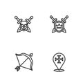 Set line Crusade, Medieval bow and arrow, Skull with sword and Shield swords icon. Vector