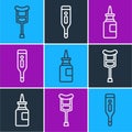 Set line Crutch or crutches, Bottle nasal spray and Medical digital thermometer icon. Vector