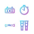 Set line Crutch or crutches, Human broken bone, Hockey mechanical scoreboard and Stopwatch. Gradient color icons. Vector