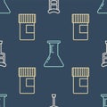 Set line Crutch or crutches, Medicine bottle and Test tube and flask on seamless pattern. Vector