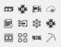 Set line Cryptocurrency bitcoin with circuit, Pickaxe, Smart contract, Blockchain technology, Proof of stake, and CPU Royalty Free Stock Photo