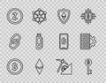 Set line Cryptocurrency coin Bitcoin, key, Shield Ethereum ETH, Zcash ZEC, USB flash drive, cloud mining and Server and