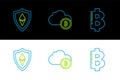 Set line Cryptocurrency coin Bitcoin, Shield Ethereum ETH and cloud mining icon. Vector
