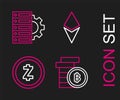 Set line Cryptocurrency coin Bitcoin, Zcash ZEC, Ethereum ETH and Server and gear icon. Vector