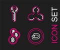 Set line Cryptocurrency coin Dash, Bitcoin, Ripple XRP and key icon. Vector
