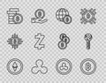 Set line Cryptocurrency coin Ethereum ETH, Bitcoin, Globe and cryptocurrency, Ripple XRP, Zcash ZEC, and key icon