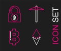 Set line Cryptocurrency coin Ethereum ETH, Bitcoin, Pickaxe and Lock with bitcoin icon. Vector