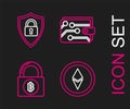 Set line Cryptocurrency coin Ethereum ETH, Lock with bitcoin, wallet and Shield security lock icon. Vector