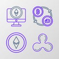 Set line Cryptocurrency coin Ripple XRP, Ethereum ETH, exchange and Monitor and icon. Vector