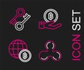 Set line Cryptocurrency coin Ripple XRP, Globe and cryptocurrency Bitcoin, Hand holding and key icon. Vector