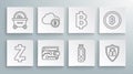 Set line Cryptocurrency coin Zcash ZEC, cloud mining, wallet, USB flash drive, Shield security with lock, Bitcoin, and