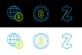 Set line Cryptocurrency coin Zcash ZEC, Globe and cryptocurrency Bitcoin and icon. Vector
