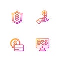 Set line Cryptocurrency exchange, Credit card, Shield with bitcoin and Dollar plant. Gradient color icons. Vector Royalty Free Stock Photo