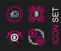 Set line Cryptocurrency exchange, Crossed pickaxe, CPU mining farm and coin Dash icon. Vector