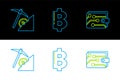 Set line Cryptocurrency wallet, cloud mining and coin Bitcoin icon. Vector