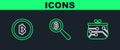 Set line Cryptocurrency wallet, coin Bitcoin and Magnifying glass with icon. Vector