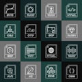 Set line CSS file document, WAV, RUBY, OTF, OBJ, SVG and GIF icon. Vector Royalty Free Stock Photo