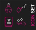 Set line Cube levitating above hand, Ancient magic book, Spell and Bottle with love potion icon. Vector Royalty Free Stock Photo
