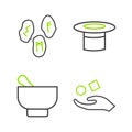 Set line Cube levitating above hand, Magic mortar pestle, Magician hat and runes icon. Vector