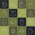 Set line Cup of tea, Tea leaf, bag with, lemon, rose, Electric kettle and Teaspoon icon. Vector