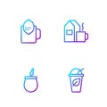 Set line Cup of tea with leaf, Mate, lemon and milk. Gradient color icons. Vector