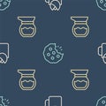 Set line Cup of tea with rose, Teapot and Cookie or biscuit on seamless pattern. Vector