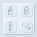 Set line Cup of tea with tea bag, Passport with ticket, Flashlight and Flare gun pistol. White square button. Vector