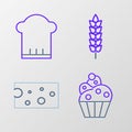 Set line Cupcake, Cheese, Cereals with rice, wheat, corn, oats, rye and Chef hat icon. Vector