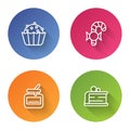 Set line Cupcake, Christmas candy cane, Jar of honey and Piece. Color circle button. Vector