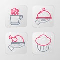 Set line Cupcake, Roasted turkey or chicken, Covered with tray of food and Coffee cup icon. Vector