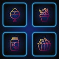 Set line Cupcake, Strawberry jam jar, Ice cream in bowl and . Gradient color icons. Vector