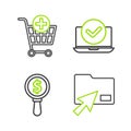 Set line Cursor click document folder, Magnifying glass and dollar, Laptop and Add Shopping cart icon. Vector Royalty Free Stock Photo