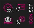 Set line Cursor and coin, Laptop with dollar, Online shopping on screen and Clock 24 hours icon. Vector Royalty Free Stock Photo