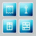 Set line Curtains, Floor lamp, Wardrobe and Shelf icon. Vector