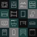 Set line Curtains, Sofa, Water tap, Shelf with books, Bunk bed, Grand piano, Window curtains and Picture icon. Vector Royalty Free Stock Photo