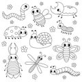 Set of line cute garden insects, bugs. Snail, butterfly, stag-beetle, dragonfly, worm, ladybug, bee, rhinoceros beetle Royalty Free Stock Photo