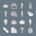 Set line Cutting board, Ice cream, Bread loaf, Knife, Piece of cake, Honey dipper stick, Homemade pie and icon. Vector Royalty Free Stock Photo