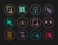 Set line Cyber security, Broken or cracked lock, Cloud computing, Document and, Shield with, and Server icon. Vector Royalty Free Stock Photo