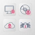 Set line Cyber security, Cloud computing lock, CD or DVD disk with and Lock on monitor icon. Vector