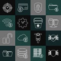 Set line Cyber security, FTP folder and lock, Shield with, Time Management, Wifi locked, and Cooler bag icon. Vector Royalty Free Stock Photo