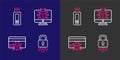 Set line Cyber security, System bug in credit card, on monitor and USB flash drive icon. Vector