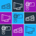 Set line 3D cinema glasses, Cinema camera and Megaphone icon. Vector