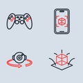 Set line 3d modeling, 360 degree view, and Gamepad icon. Vector