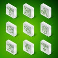 Set line 3D printer cube, scanner, tooth, Isometric, Geometric figure Cube, car and Layers icon. Vector